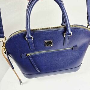 Dooney & Bourke Saffiano Leather Zip Satchel Purse Blue Gold Hardware Crossbody